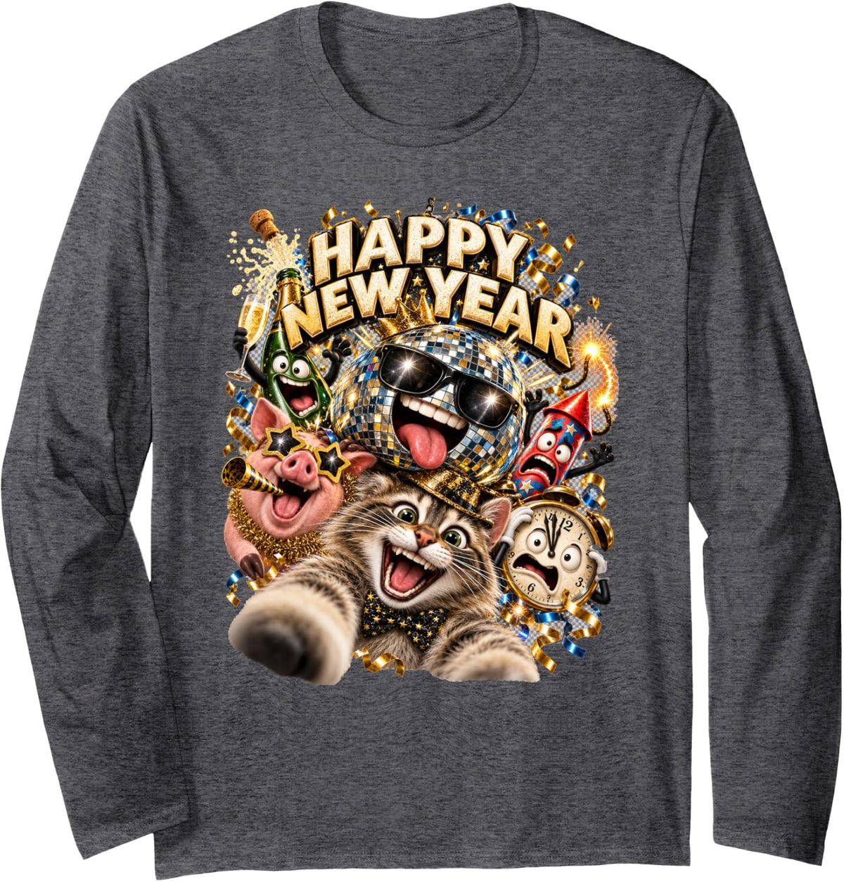 Happy New Year Cat Selfie Giant Disco Ball Party Art Long Sleeve T-Shirt - Adult Unisex Dark Heather Grey