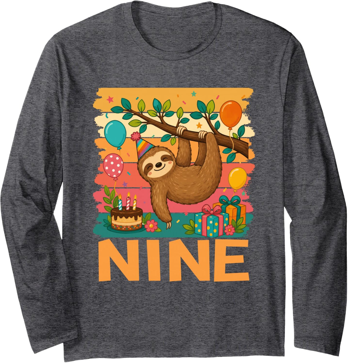 9th Birthday Sloth Lovers Themed 9 Year Old Birthday Long Sleeve T-Shirt - Adult Unisex Dark Heather Grey