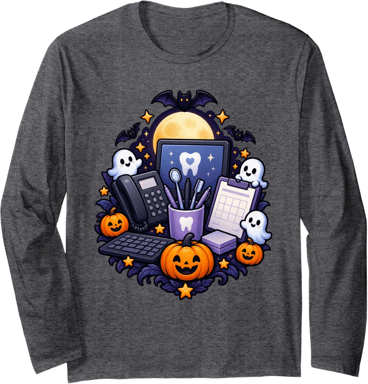 Spooky Dental Office Halloween Dentist Staff Long Sleeve T-Shirt - Adult Unisex Dark Heather Grey
