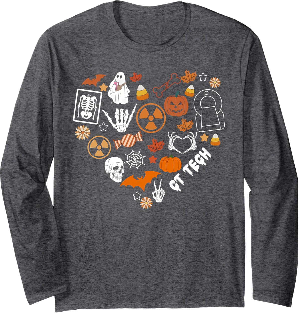 CT Tech Ghost Pumpkin Heart Halloween Radiology Technologist Long Sleeve T-Shirt - Adult Unisex Dark Heather Grey