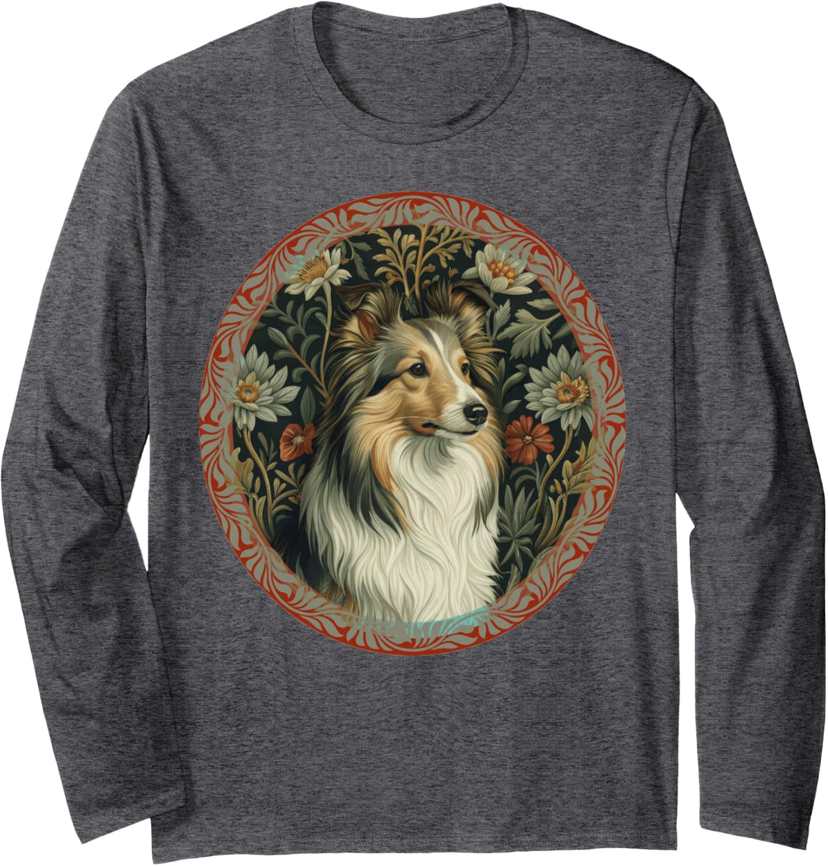 Shetland Sheepdog Vintage Floral Sheltie Long Sleeve T-Shirt - Adult Unisex Dark Heather Grey