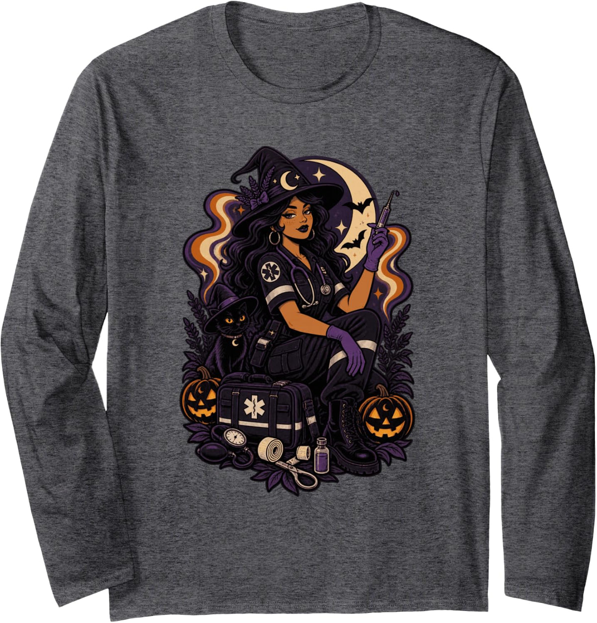 Halloween Paramedic Witch EMT Spooky Medical Long Sleeve T-Shirt - Adult Unisex Dark Heather Grey