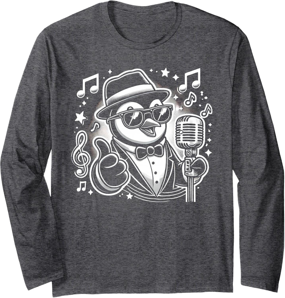 Cool Singing Penguin Music Wearing Suit and Sunglasses Long Sleeve T-Shirt - Adult Unisex Dark Heather Grey