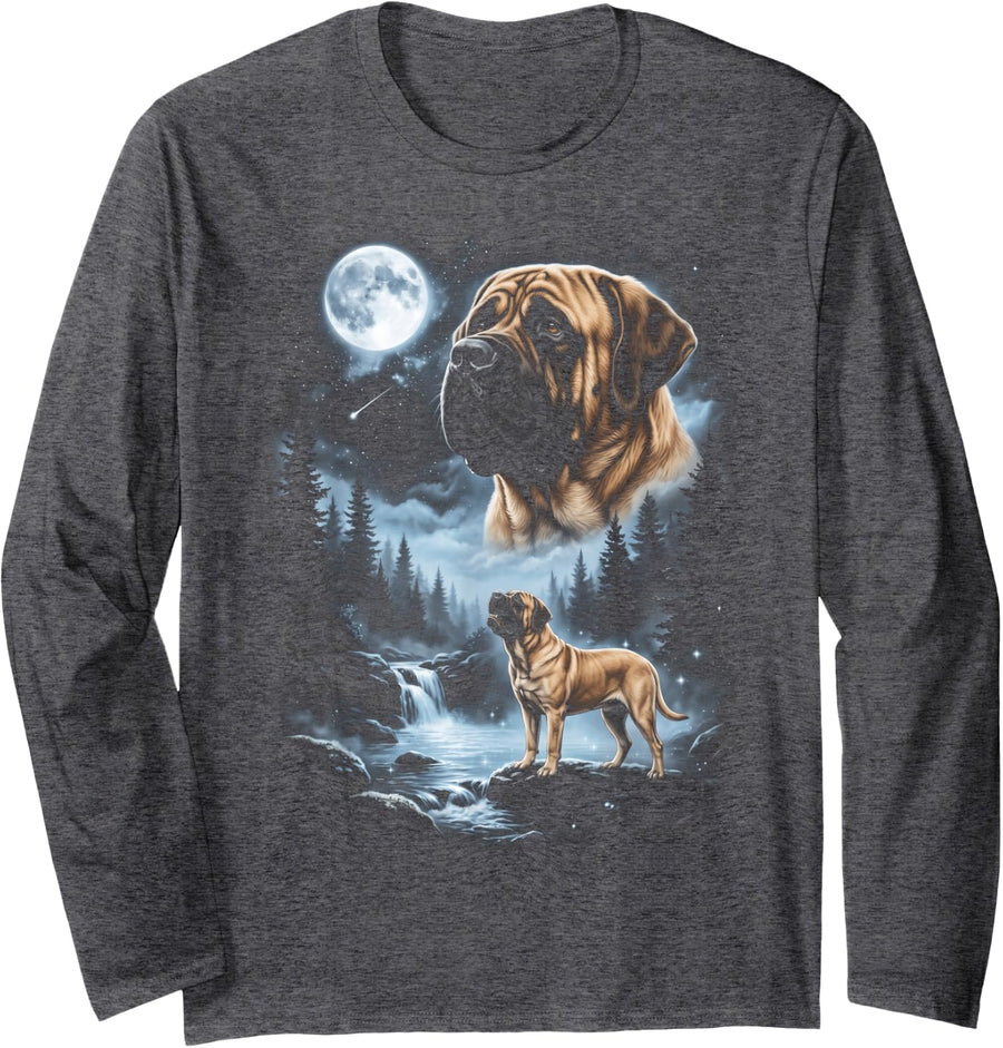 English Mastiff Howling Moon Long Sleeve T-Shirt - Adult Unisex Dark Heather Grey