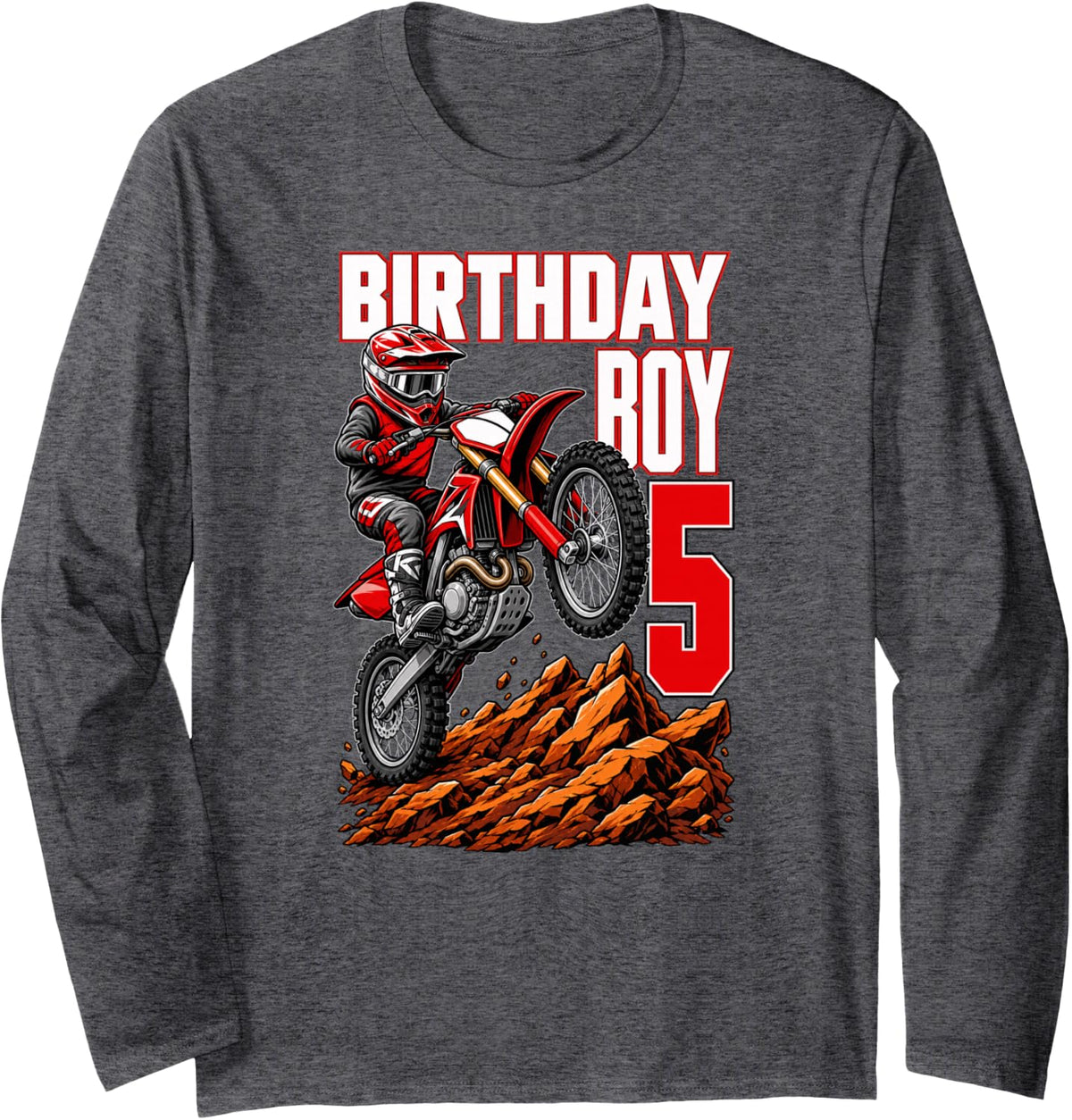 Birthday Boy 5 Motocross Dirt Bike Rider Kids Long Sleeve T-Shirt - Adult Unisex Dark Heather Grey