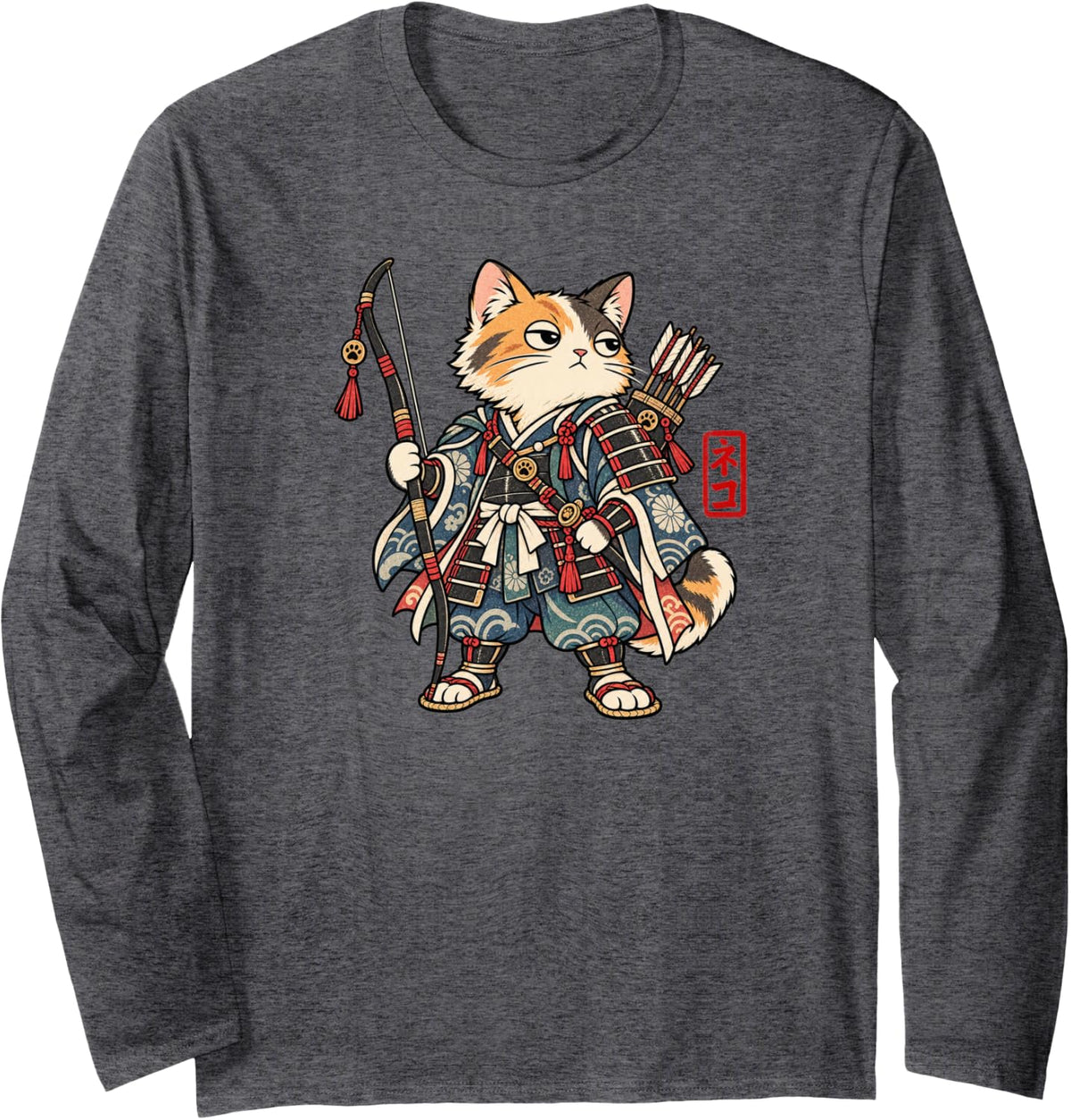 Calico Cat Samurai Archer Japanese Warrior Vintage Art Long Sleeve T-Shirt - Adult Unisex Dark Heather Grey