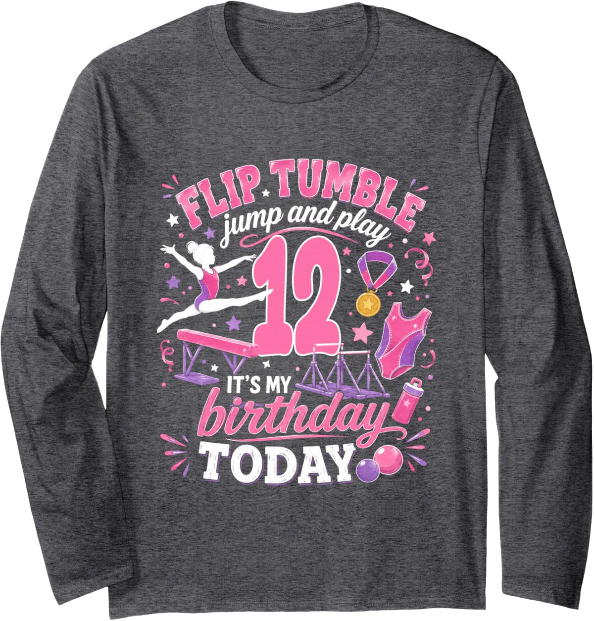 Gymnastics Lover 12 Year Old Birthday Girl Party 12th Long Sleeve T-Shirt - Adult Unisex Dark Heather Grey