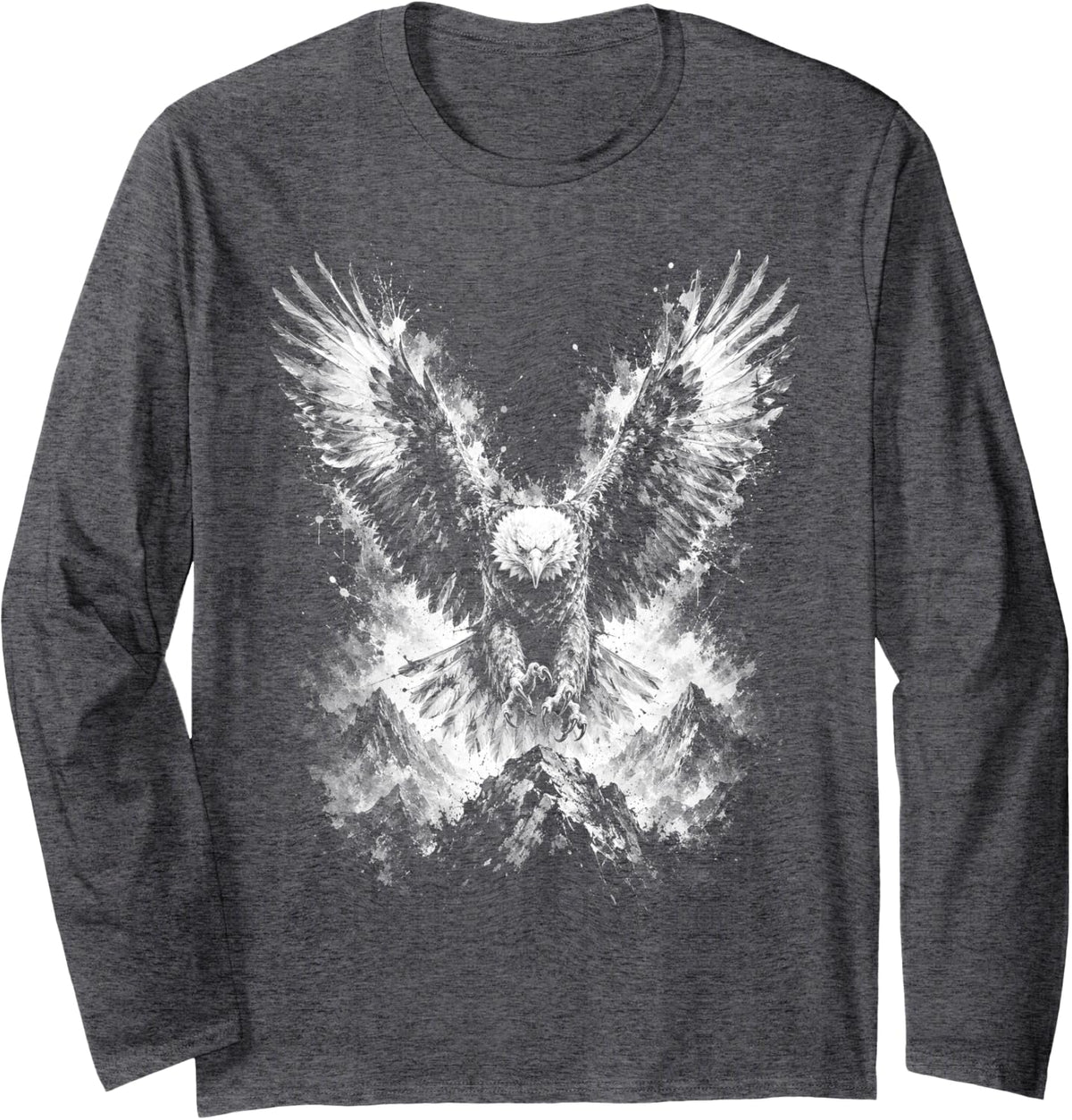 Flying Bald Eagle Drawing Style Black White Long Sleeve T-Shirt - Adult Unisex Dark Heather Grey