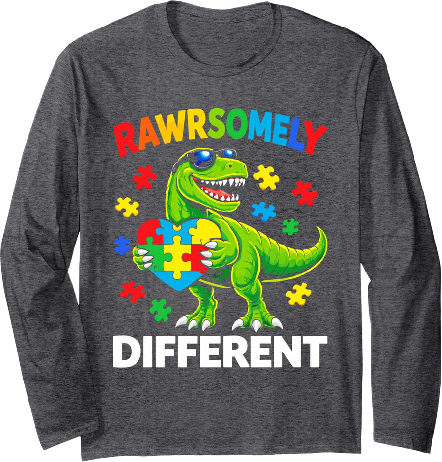 Rawrsomely Different Dinousaur Autism Awareness Puzzle Long Sleeve T-Shirt - Adult Unisex Dark Heather Grey