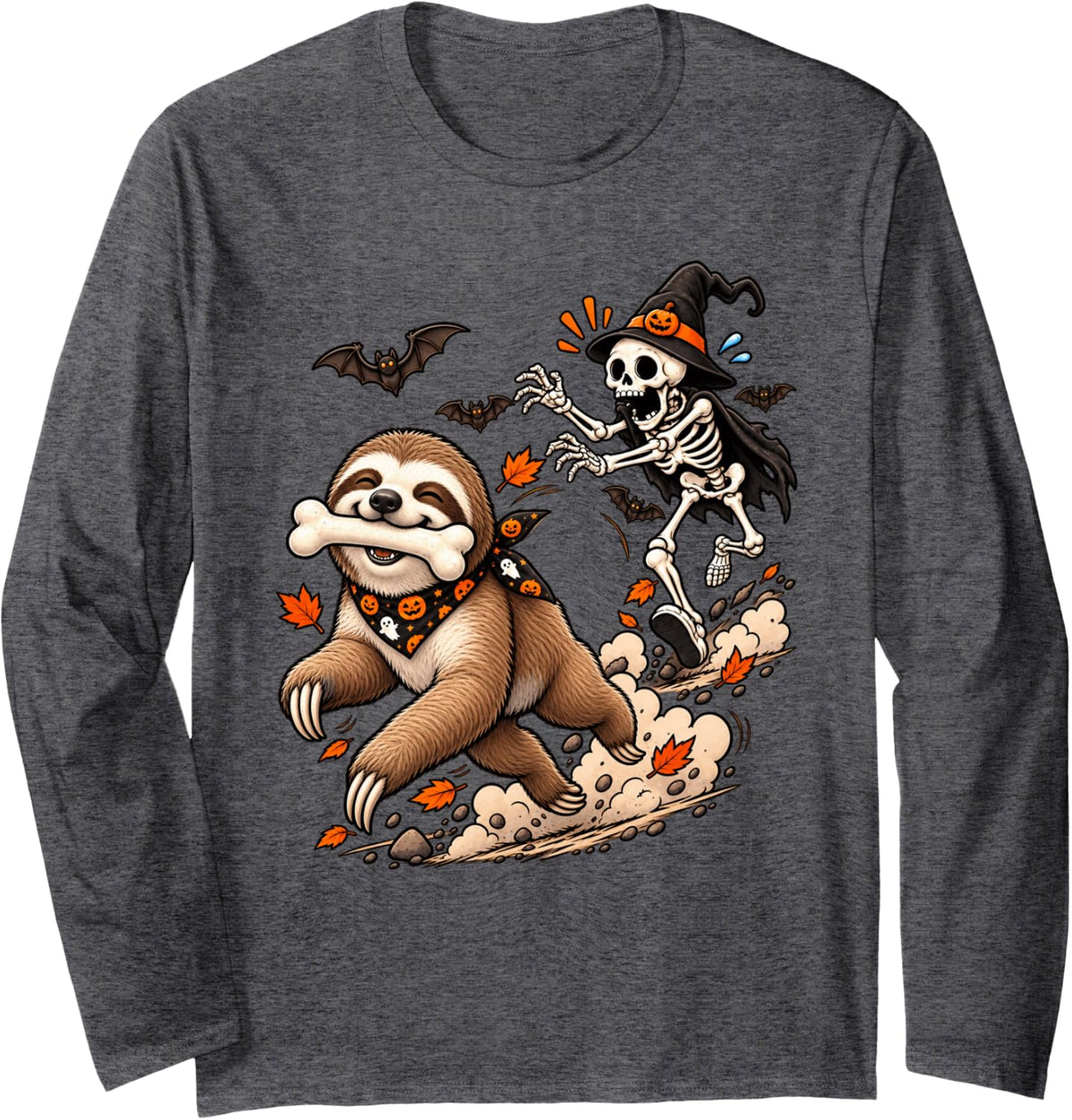 Funny Sloth Chased by Witch Skeleton Halloween Men Women Long Sleeve T-Shirt - Adult Unisex Dark Heather Grey