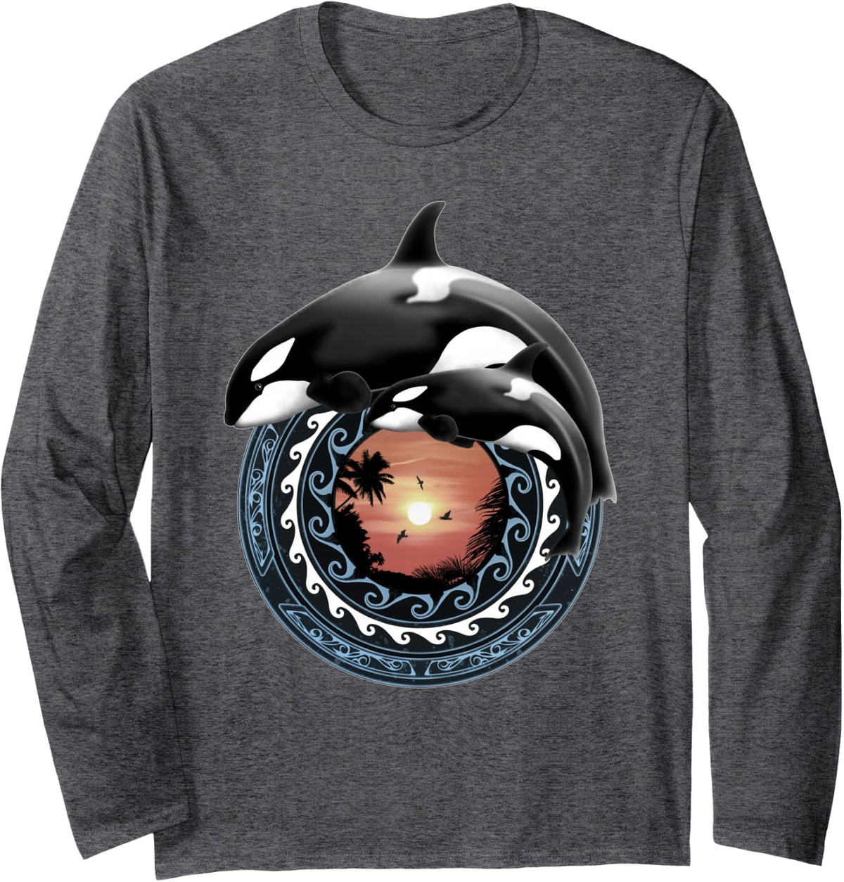 Cute Orca Whales Hawaiian Polynesian Orcas Long Sleeve T-Shirt - Adult Unisex Dark Heather Grey