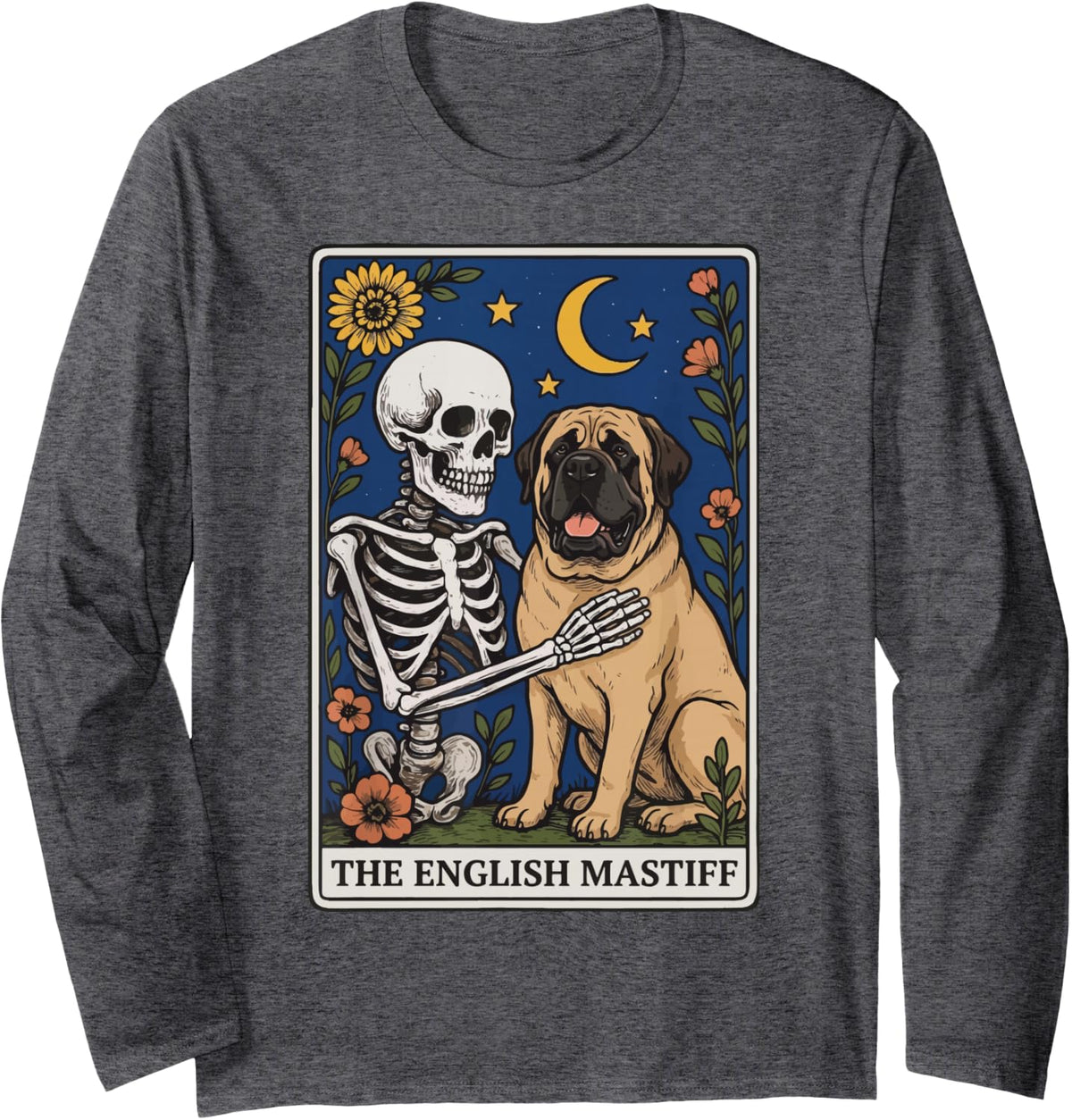 The English Mastiff Tarot Card Long Sleeve T-Shirt - Adult Unisex Dark Heather Grey