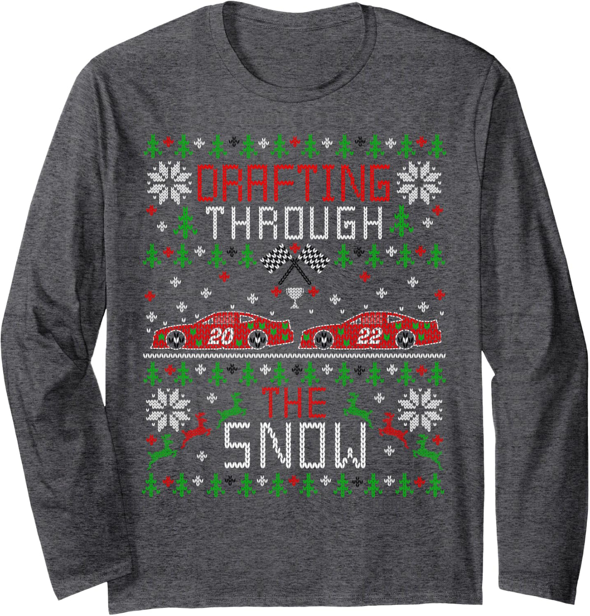 Stock Car Racing Race Fan Ugly Christmas Sweater Party Long Sleeve T-Shirt - Adult Unisex Dark Heather Grey