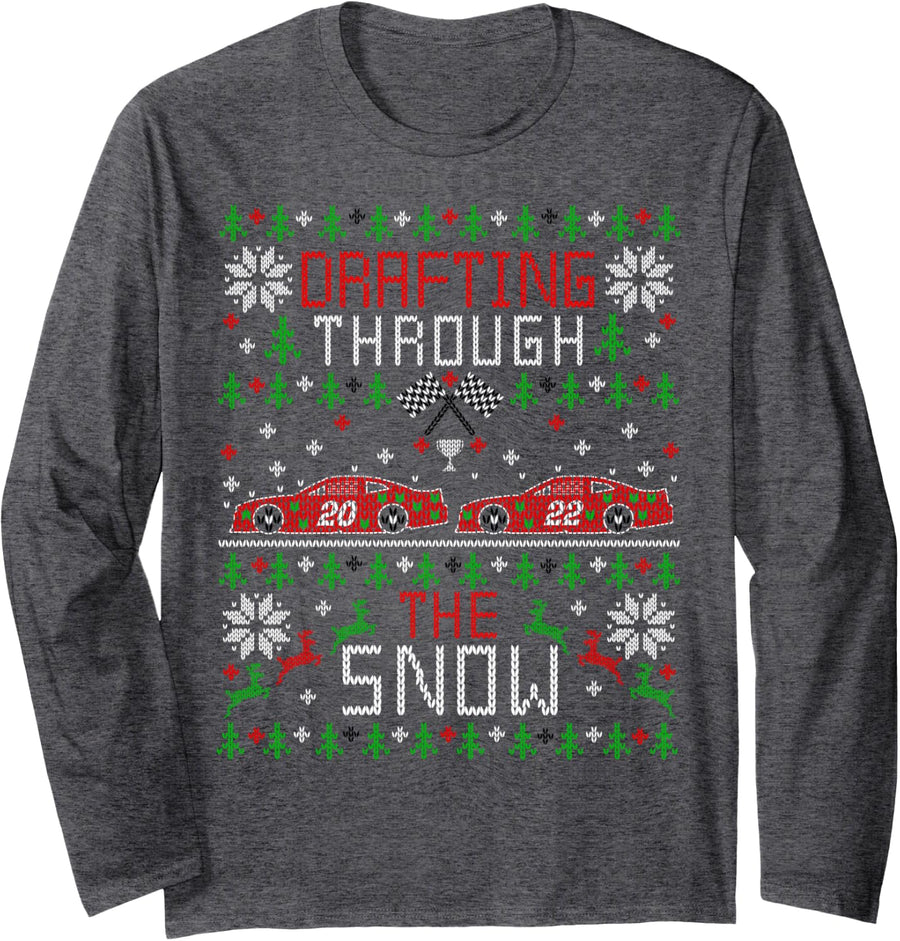 Stock Car Racing Race Fan Ugly Christmas Sweater Party Long Sleeve T-Shirt - Adult Unisex Dark Heather Grey