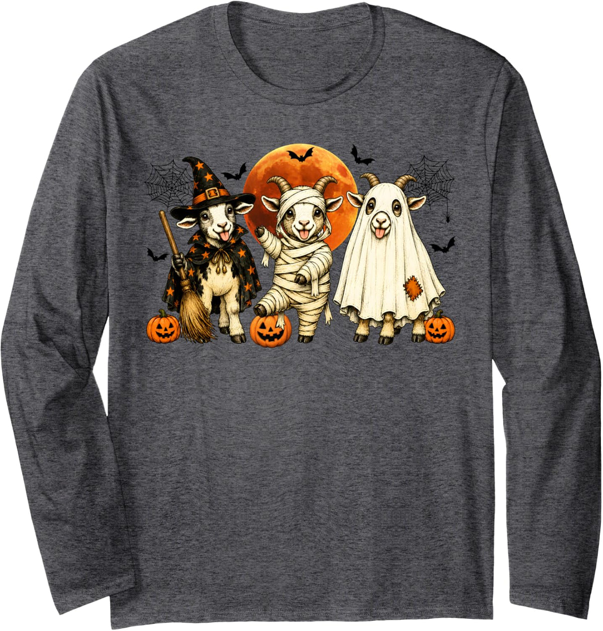 Cute Halloween Goat Pumpkin Ghost and Witch Costumes Graphic Long Sleeve T-Shirt - Adult Unisex Dark Heather Grey