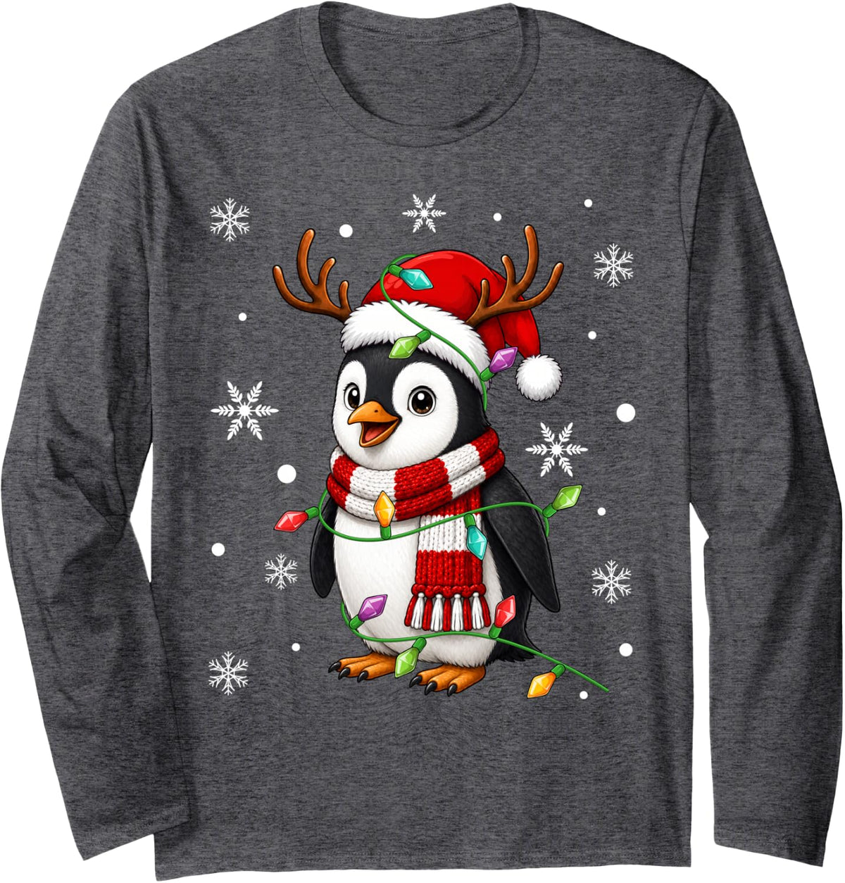 Penguin Christmas Lights Santa Hat Scarf Festive Xmas Long Sleeve T-Shirt - Adult Unisex Dark Heather Grey