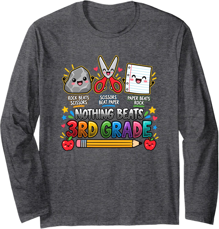 Nothing Beats 3rd Grade Teacher Rock Paper Scissors Long Sleeve T-Shirt - Adult Unisex Dark Heather Grey