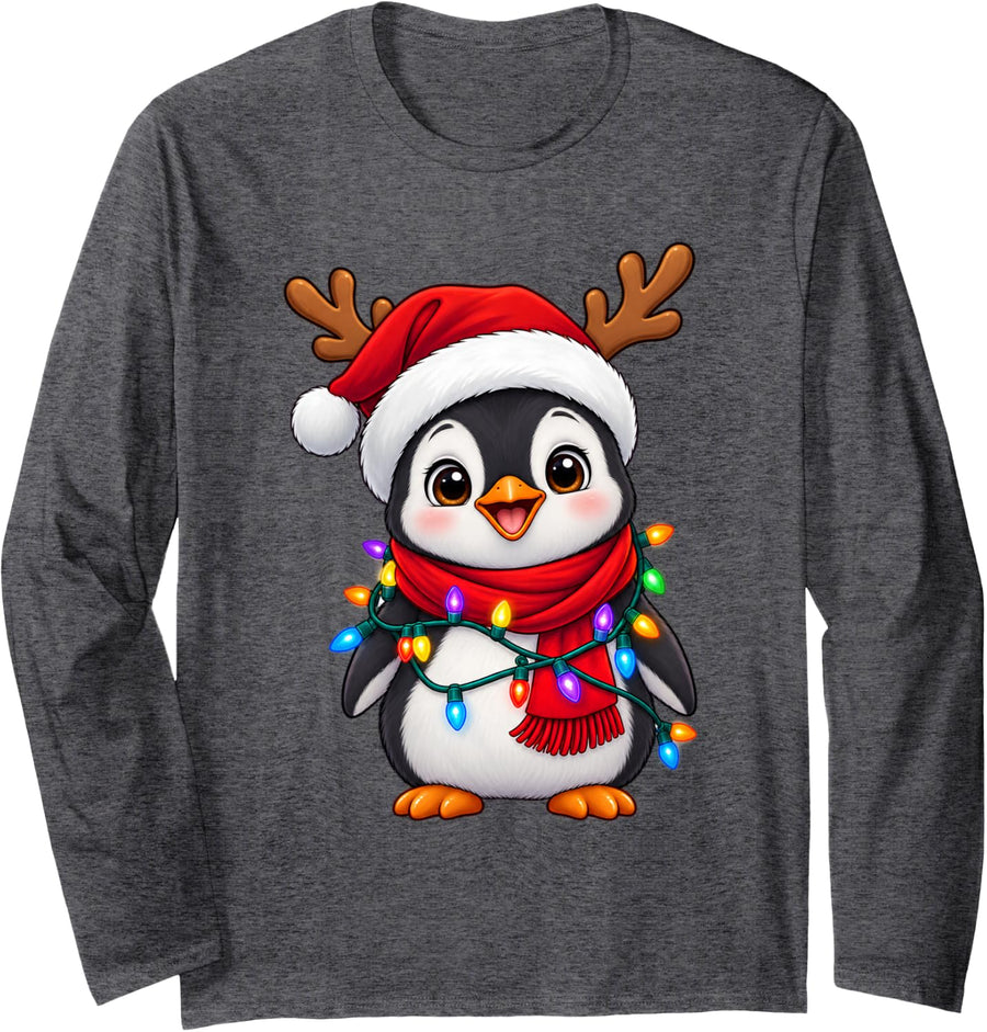 Cute Penguin Christmas Reindeer Santa Hat Lights Holiday Xma Long Sleeve T-Shirt - Adult Unisex Dark Heather Grey