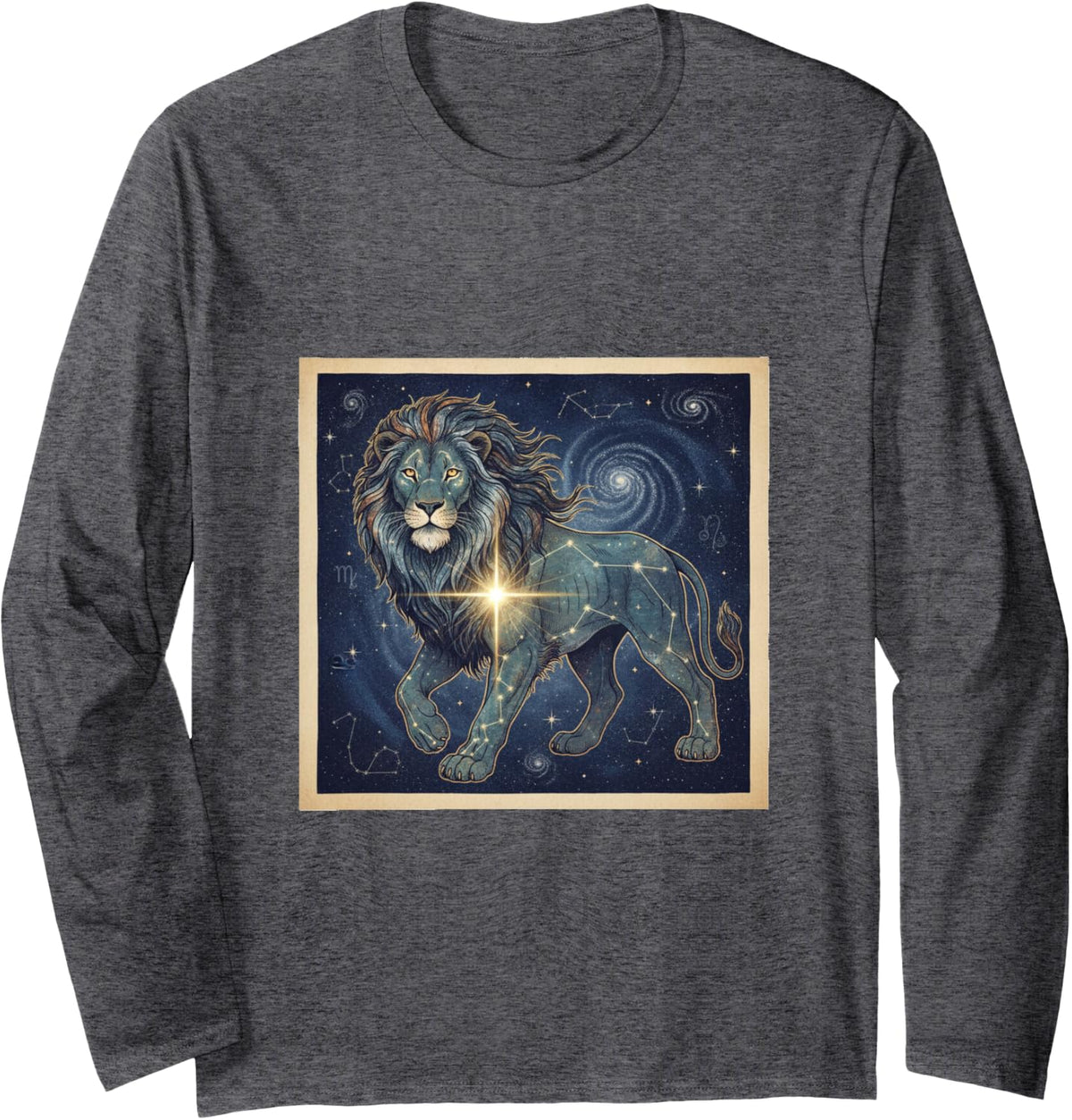 Leo Celestial Lion Regulus Star Constellation Art Graphic Long Sleeve T-Shirt - Adult Unisex Dark Heather Grey
