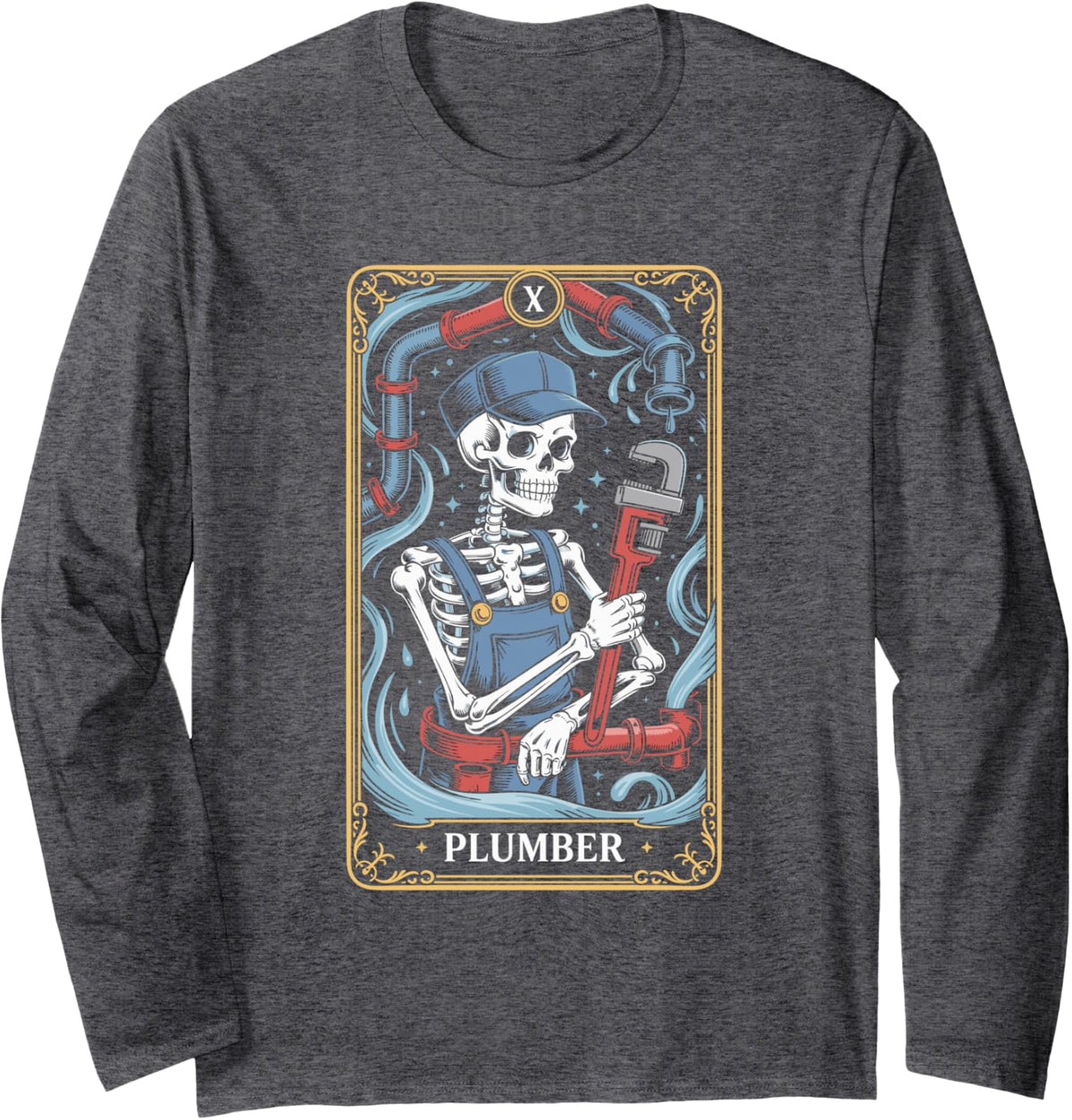 Skeleton Plumber Tarot Card Design Long Sleeve T-Shirt - Adult Unisex Dark Heather Grey