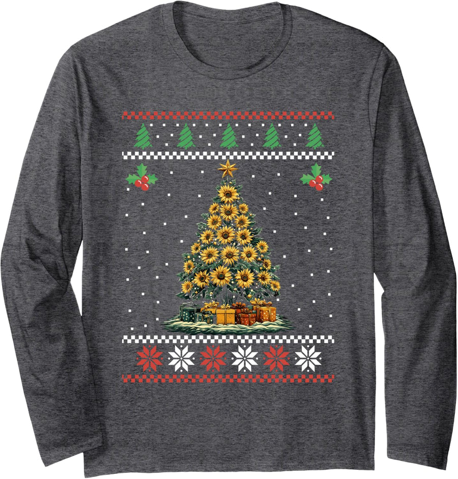 Sunflower Christmas Tree Ugly Christmas Sweater Xmas Long Sleeve T-Shirt - Adult Unisex Dark Heather Grey