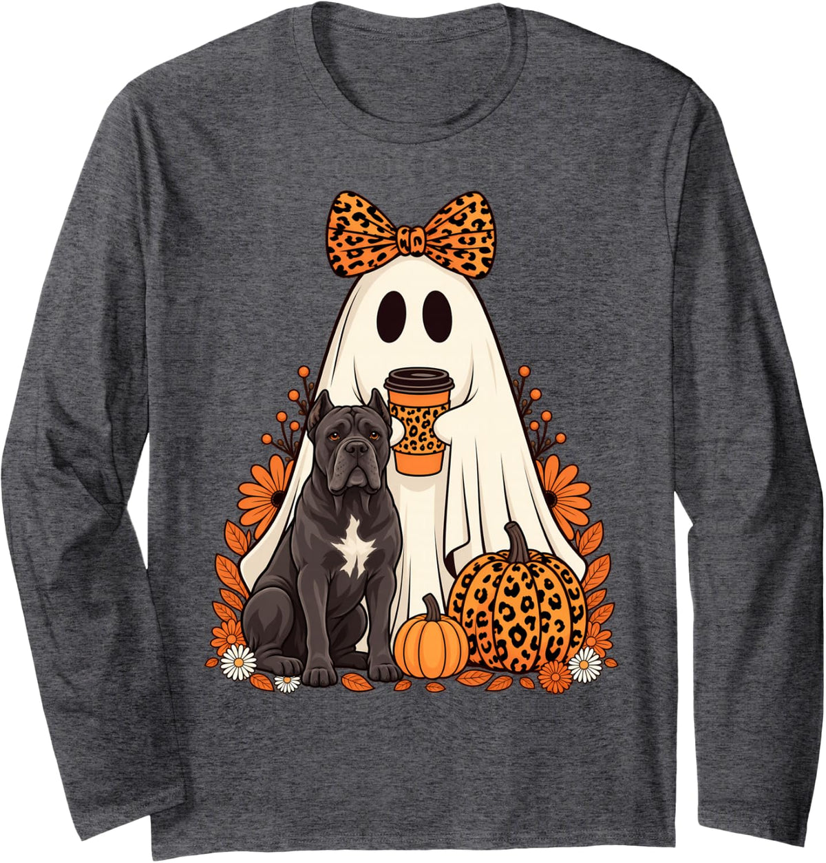Halloween Ghost Cane Corso Coffee Pumpkin Floral Fall Long Sleeve T-Shirt - Adult Unisex Dark Heather Grey