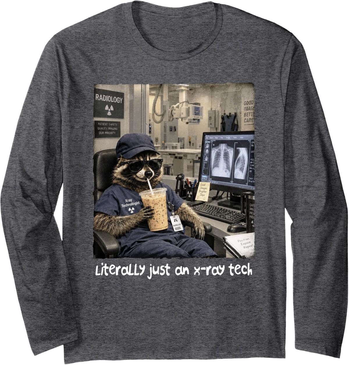 Support Your Local X-ray Techs Raccoon Radiologist Rad Tech Long Sleeve T-Shirt - Adult Unisex Dark Heather Grey