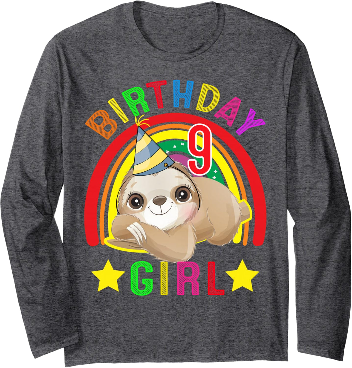 Girl 9th Birthday Costume 9 Years Old Girls Sloth Lover Bday Long Sleeve T-Shirt - Adult Unisex Dark Heather Grey