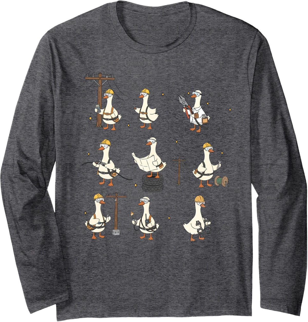 Cute Silly Goose Lineman Power Electrical Lineworker Tech Long Sleeve T-Shirt - Adult Unisex Dark Heather Grey