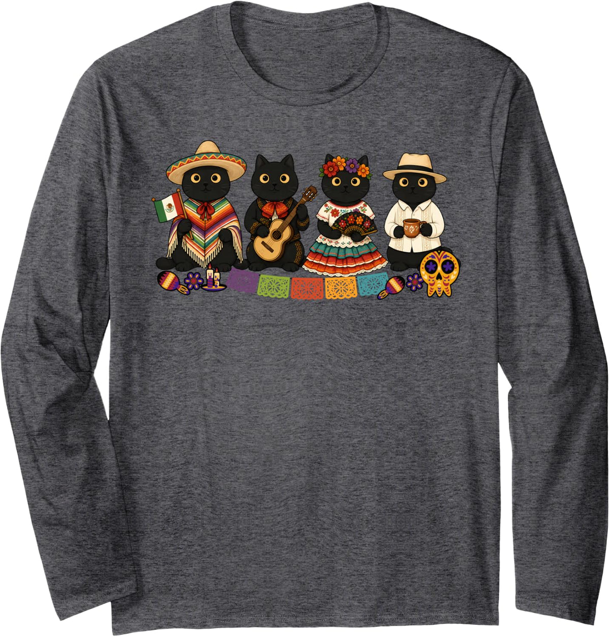 Mexican Cute Black Cats Mariachi Hispanic Heritage Month Long Sleeve T-Shirt - Adult Unisex Dark Heather Grey