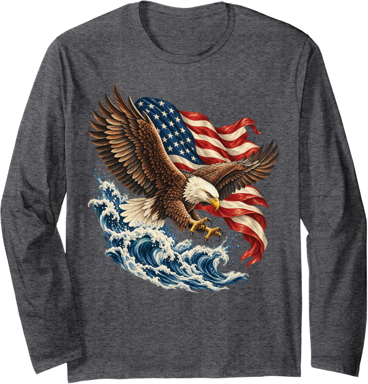 Bald Eagle in Flight with American Flag Waves Long Sleeve T-Shirt - Adult Unisex Dark Heather Grey