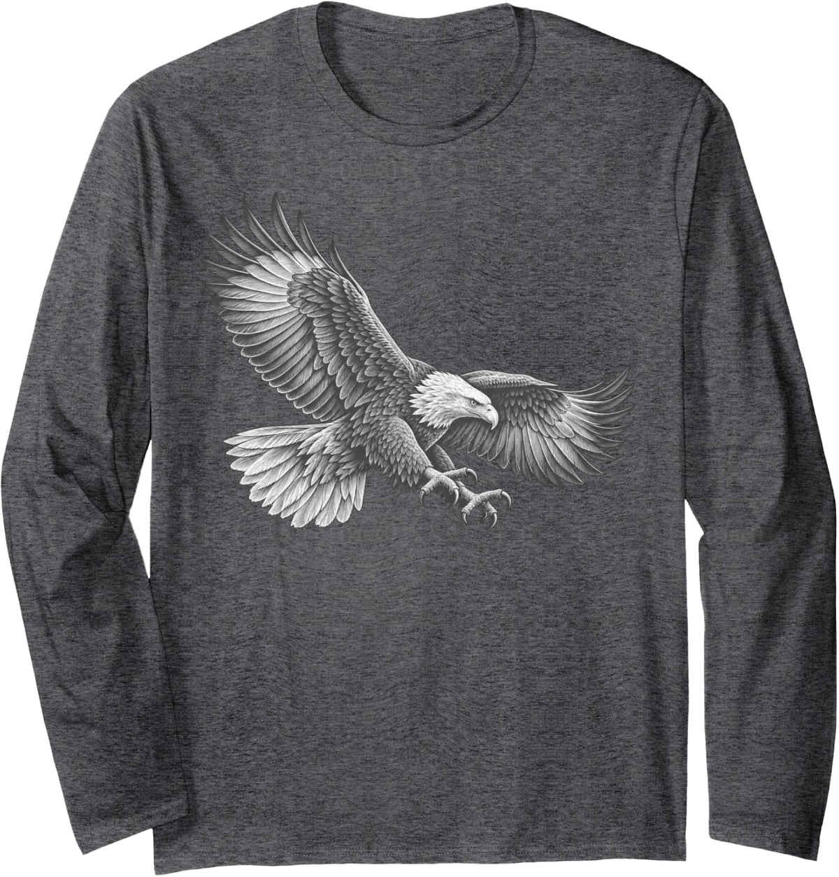 Bald Eagle Diving Swoop Engraved Line Art Long Sleeve T-Shirt - Adult Unisex Dark Heather Grey