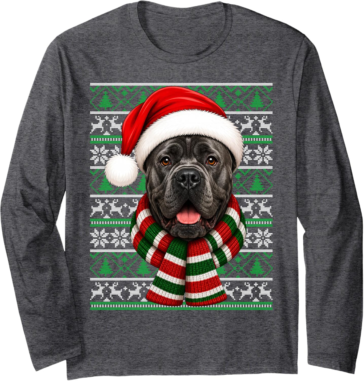 Cane Corso Dog Christmas Santa Hat Ugly Sweaters Xmas Long Sleeve T-Shirt - Adult Unisex Dark Heather Grey