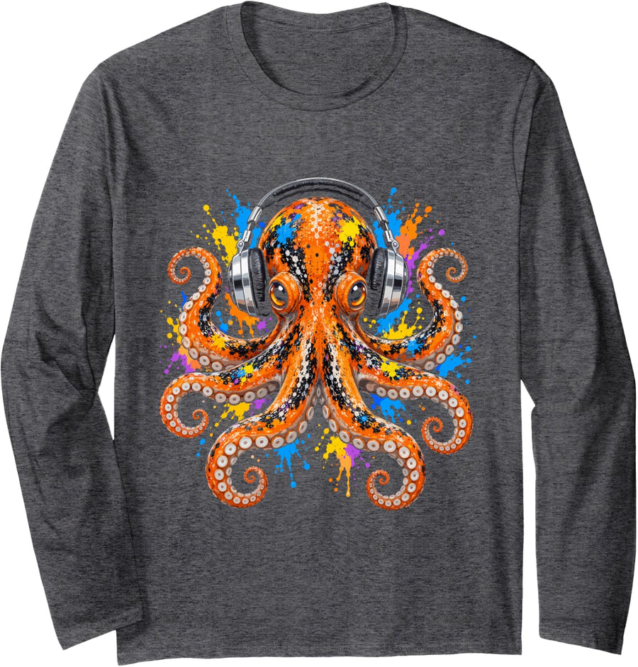 Headphones Paint Splash Art - Octopus Long Sleeve T-Shirt - Adult Unisex Dark Heather Grey