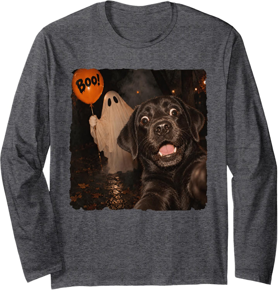 Blue Weimaraner Ghost Selfie Balloon Halloween Dog Lover Boo Long Sleeve T-Shirt - Adult Unisex Dark Heather Grey
