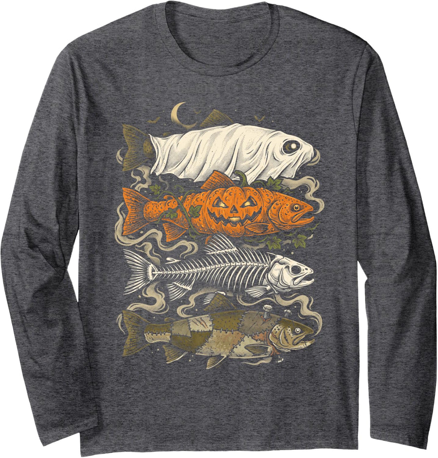 Trout Fish Halloween Fishing Ghost Pumpkin Spooky Fishing Long Sleeve T-Shirt - Adult Unisex Dark Heather Grey