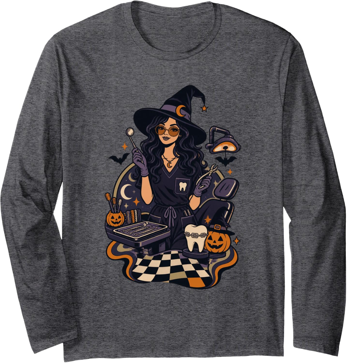 Dental Witch Halloween Dentist Spooky Oral Care Professional Long Sleeve T-Shirt - Adult Unisex Dark Heather Grey