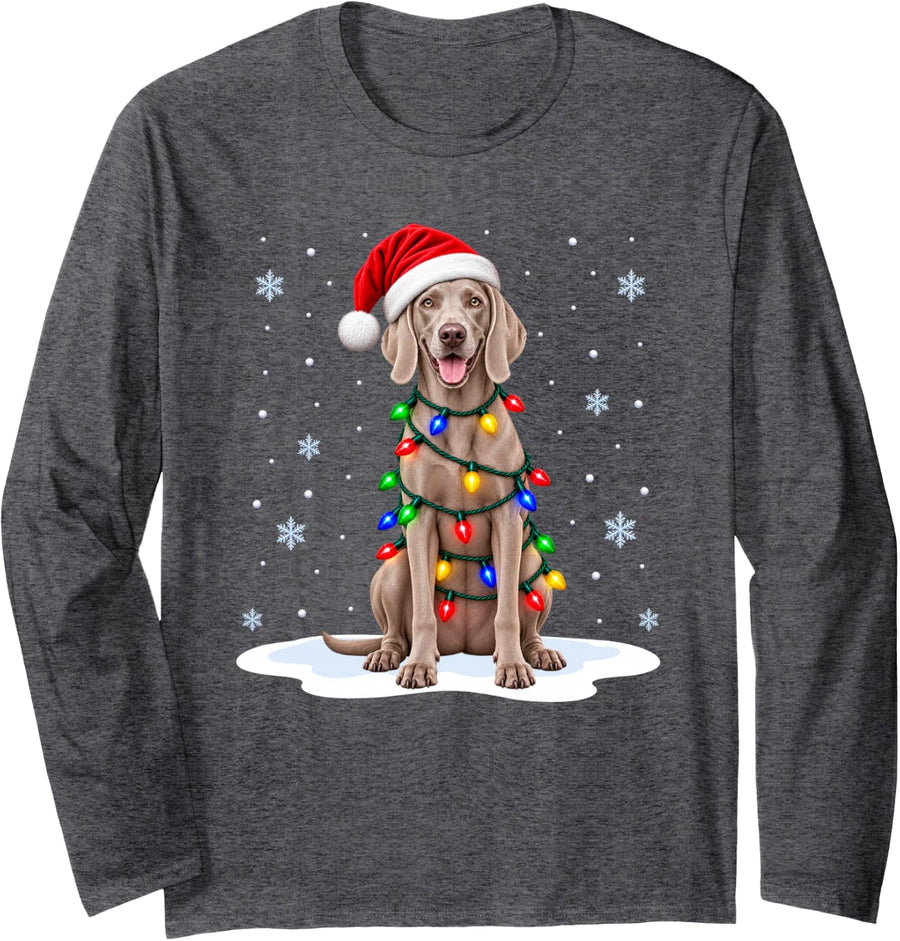 Weimaraner Dog Christmas Lights Pet Dog Animal Lover Xmas Long Sleeve T-Shirt - Adult Unisex Dark Heather Grey