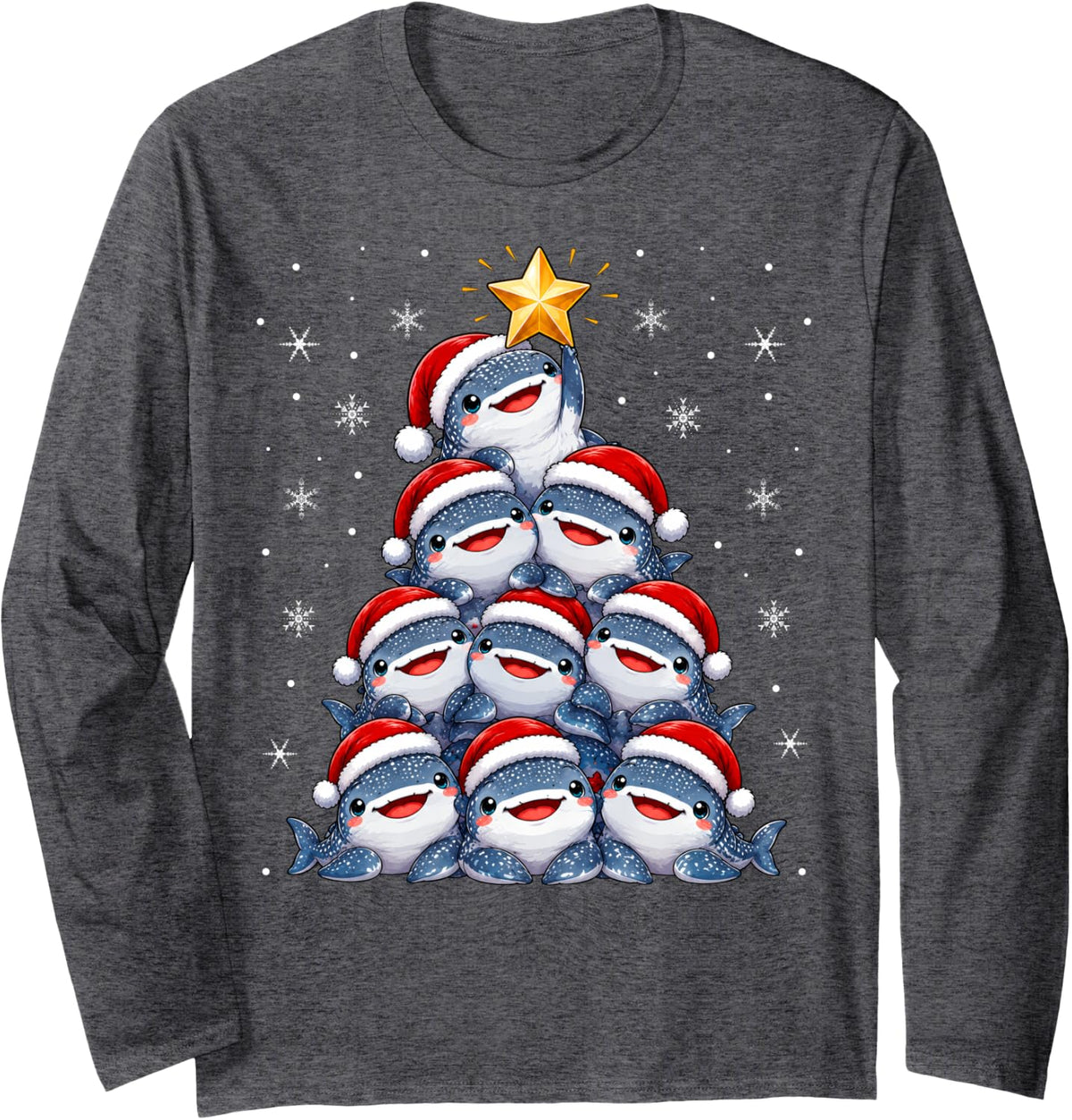 Cute Festive Santa Hat Whale Shark Christmas Tree Long Sleeve T-Shirt - Adult Unisex Dark Heather Grey