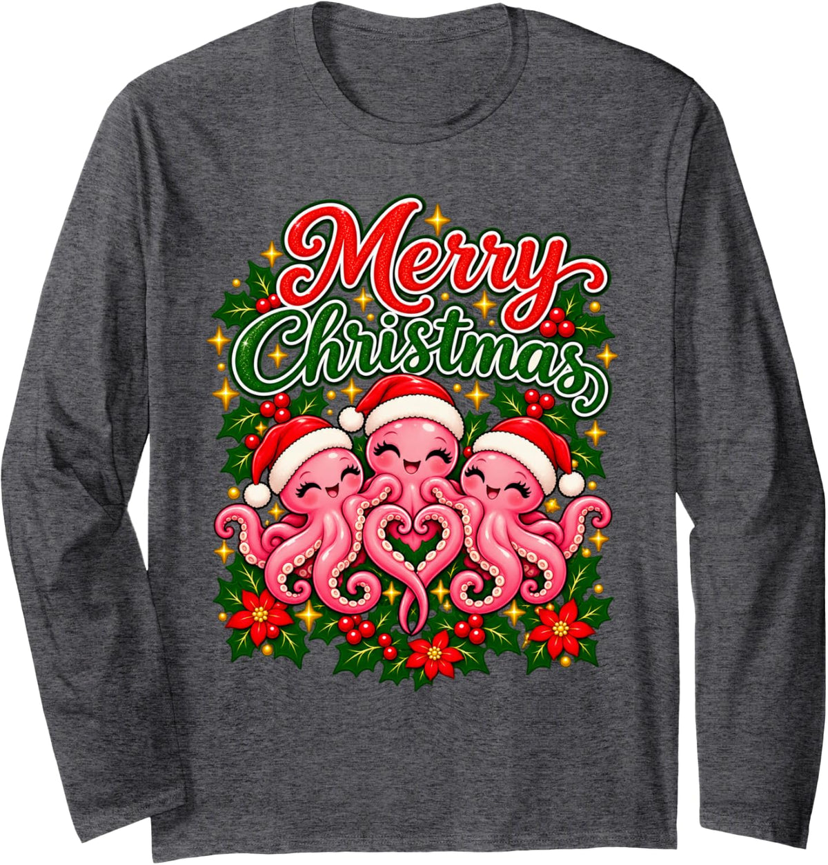 Merry Christmas Octopus Joyful Holiday Heart Men Women Long Sleeve T-Shirt - Adult Unisex Dark Heather Grey