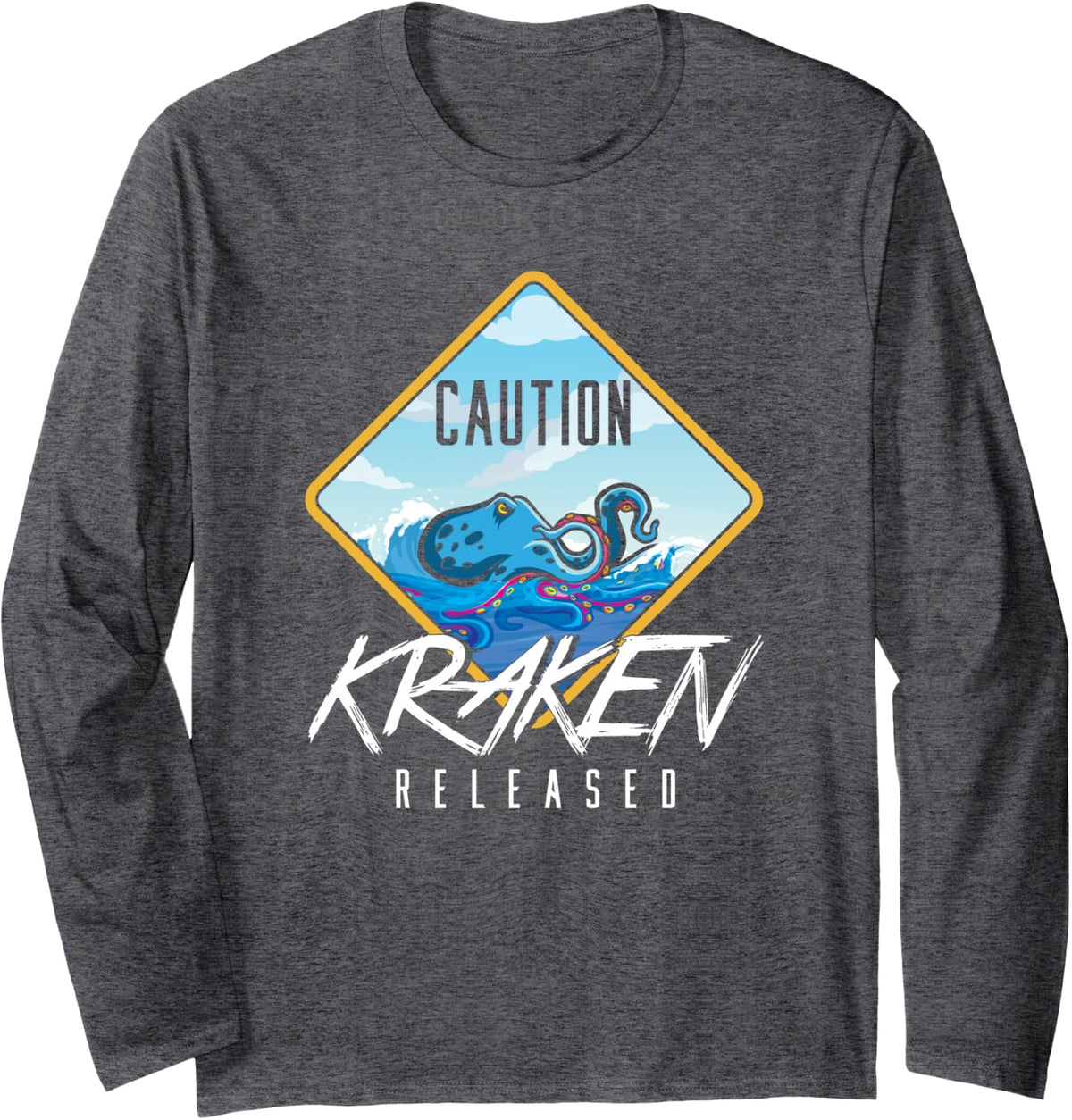 Funny Caution Kraken Released | Octopus Long Sleeve T-Shirt - Adult Unisex Dark Heather Grey
