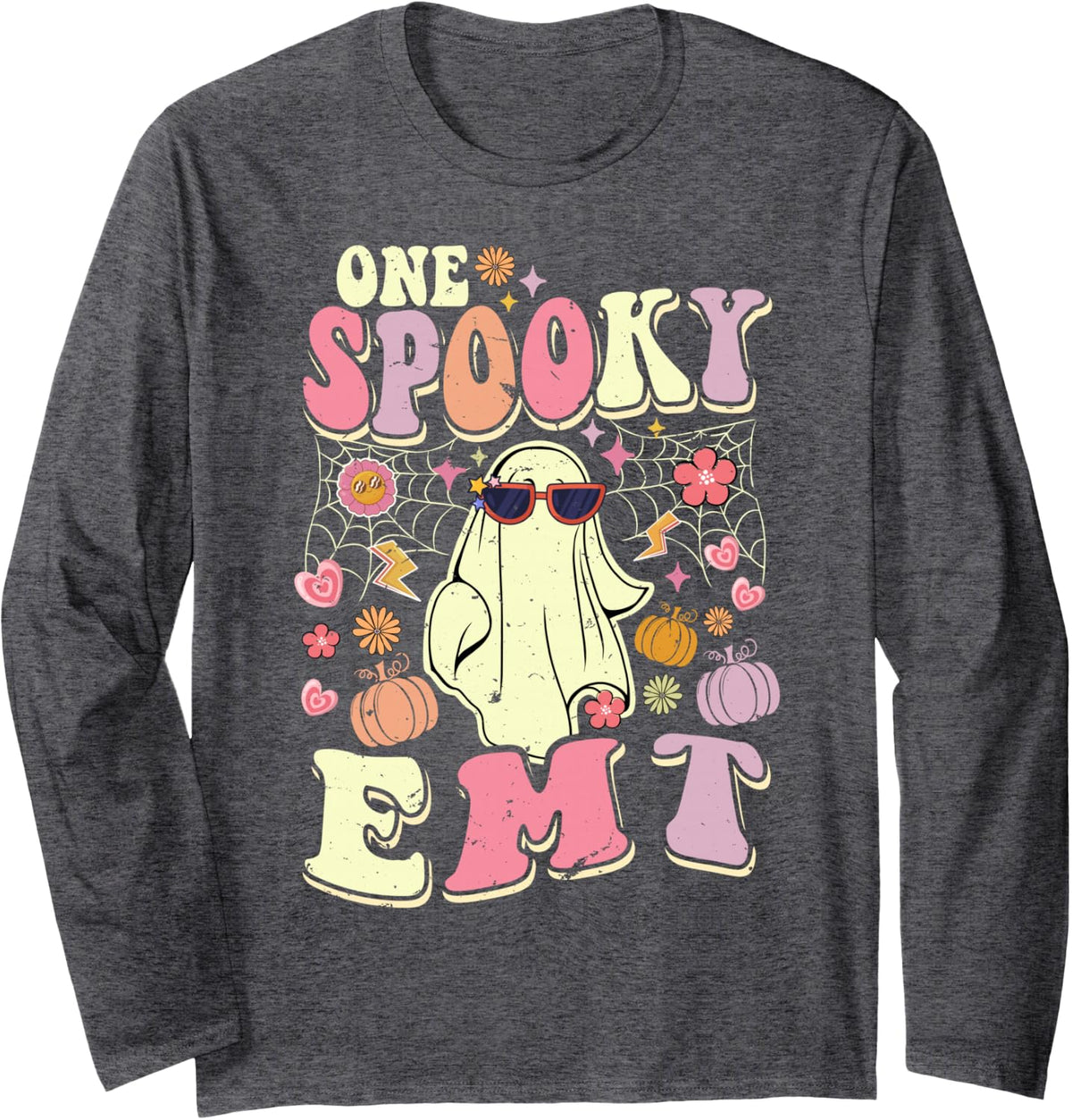 One Spooky EMT Halloween Ghost Emergency Med Tech Long Sleeve T-Shirt - Adult Unisex Dark Heather Grey
