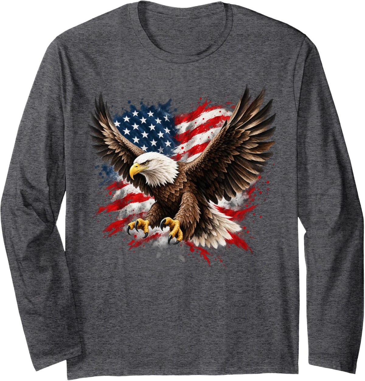 Bald Eagle Swooping with American Flag Splash Long Sleeve T-Shirt - Adult Unisex Dark Heather Grey