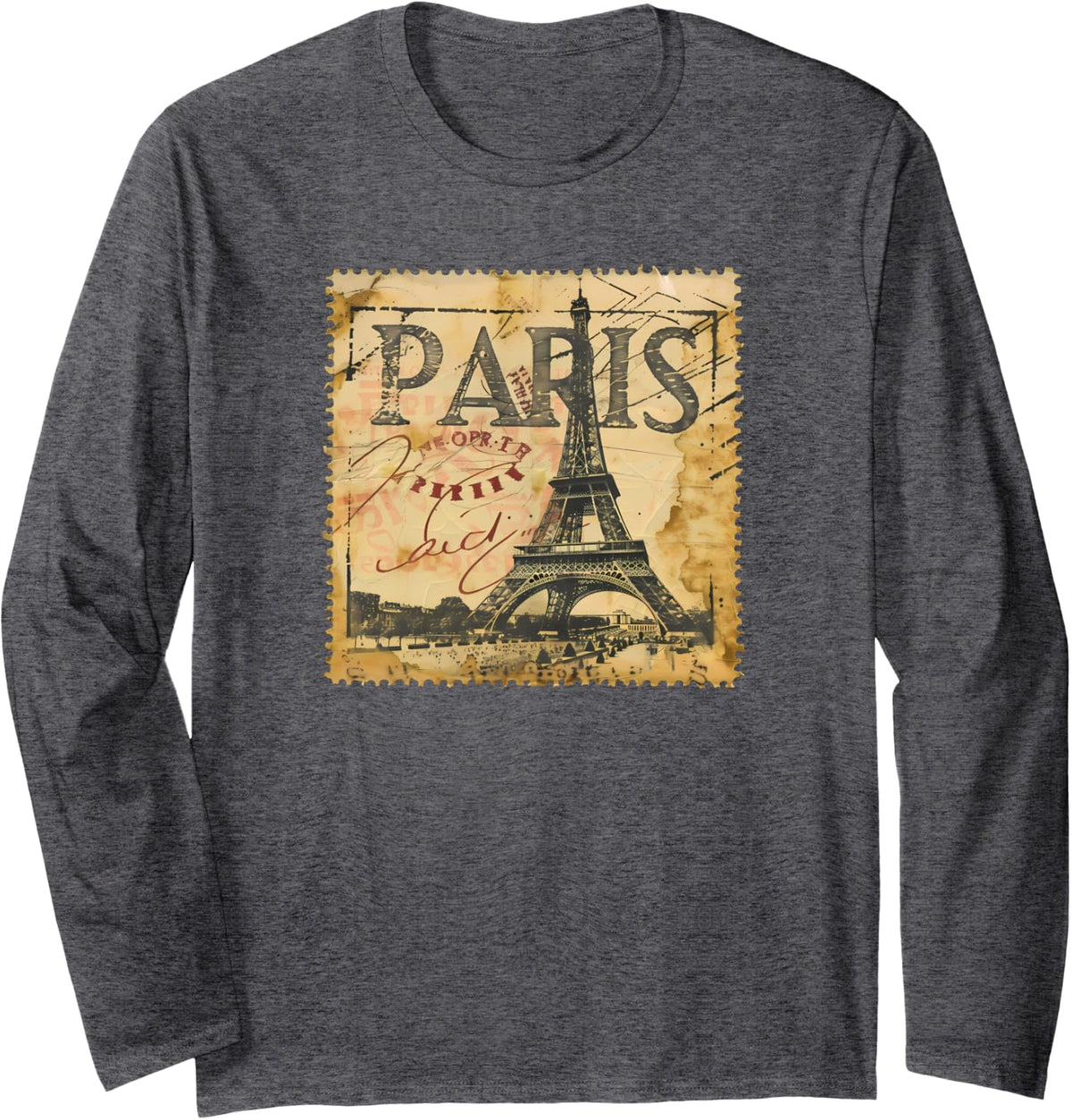 Vintage Paris Eiffel Tower Stamp 5 Long Sleeve T-Shirt - Adult Unisex Dark Heather Grey
