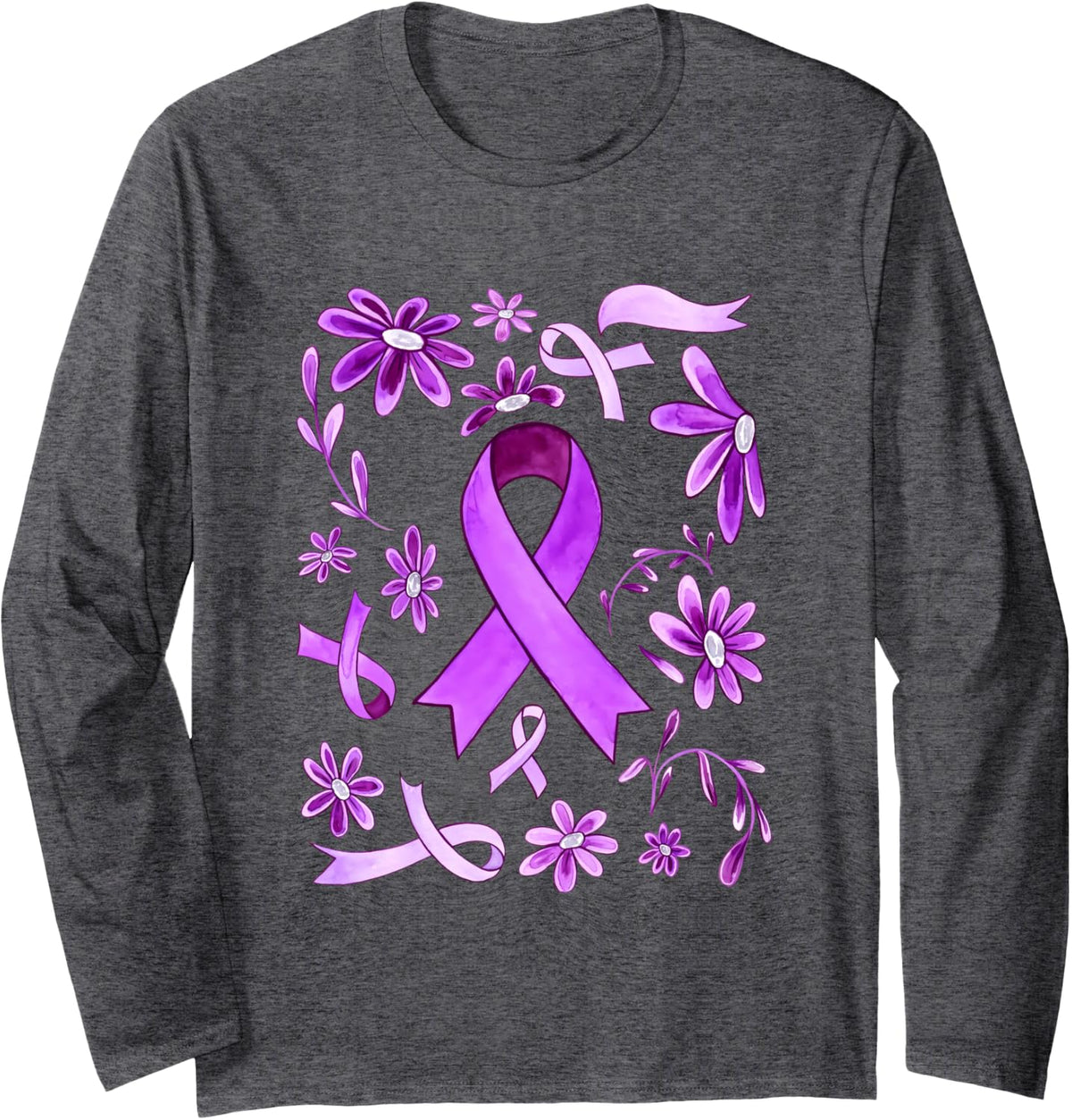 Purple Ribbon Pancreatic Cancer Awareness Oncology Nurse Long Sleeve T-Shirt - Adult Unisex Dark Heather Grey