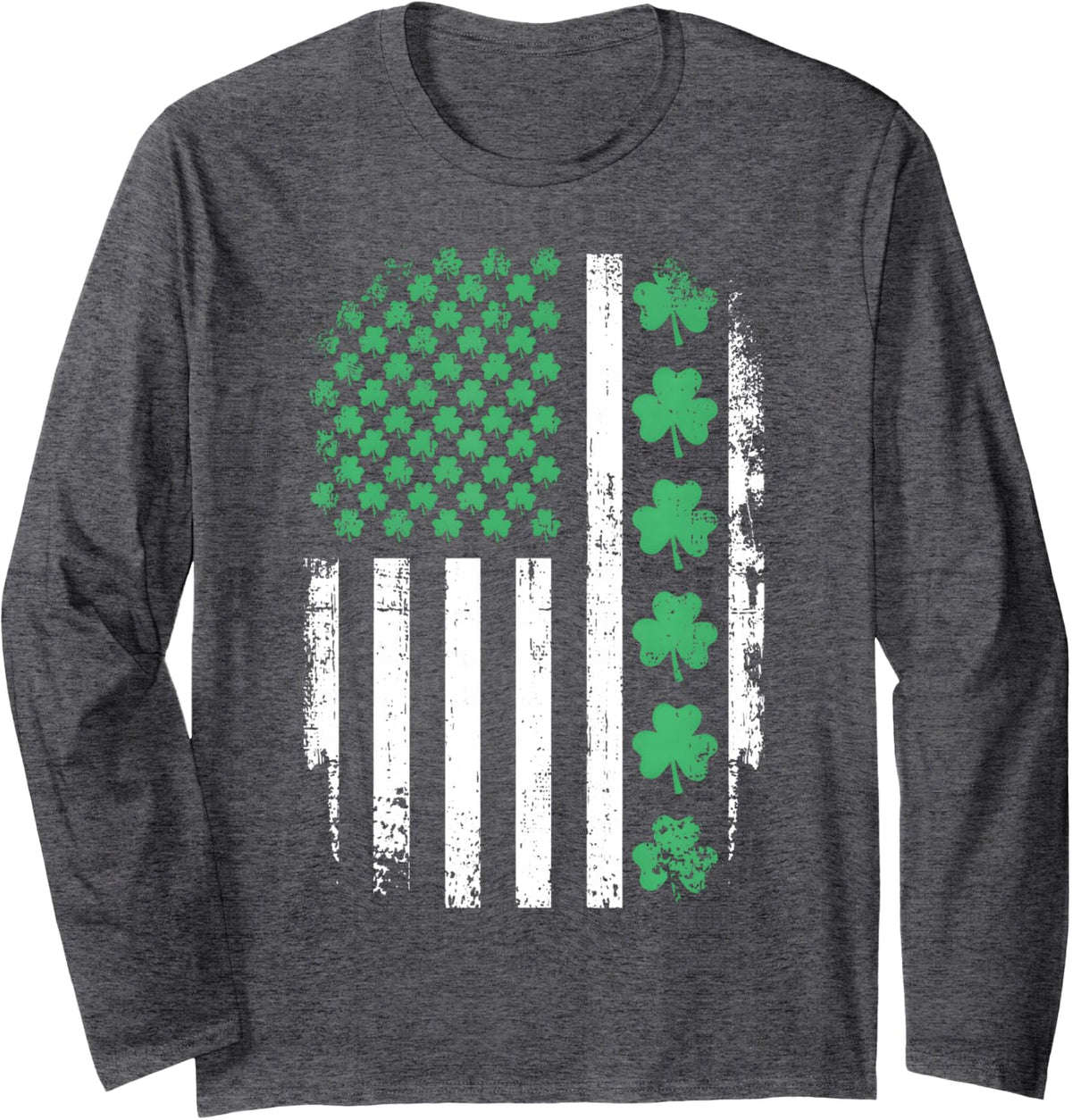 US American Flag with Shamrocks St Patricks Day Long Sleeve T-Shirt - Adult Unisex Dark Heather Grey
