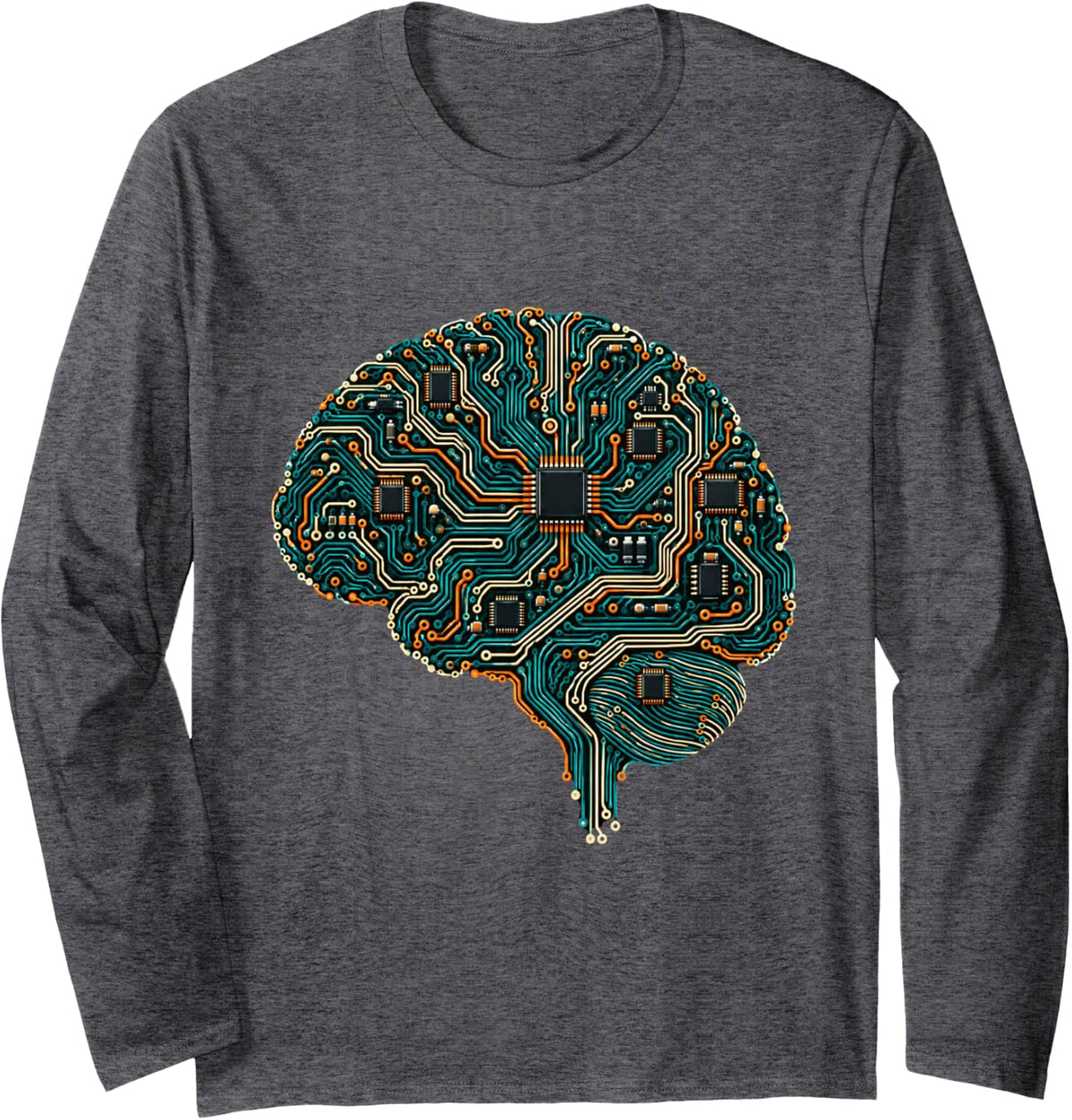 Circuit Board Brain Technology AI Computer Engineering Long Sleeve T-Shirt - Adult Unisex Dark Heather Grey