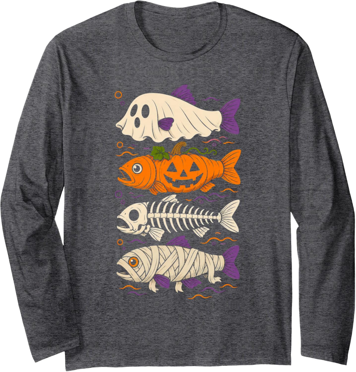 Trout Fish Ghost Pumpkin Skeleton Mummy Halloween Season Long Sleeve T-Shirt - Adult Unisex Dark Heather Grey