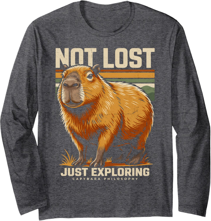Capybara Philosophy Not Lost Just Exploring Long Sleeve T-Shirt - Adult Unisex Dark Heather Grey