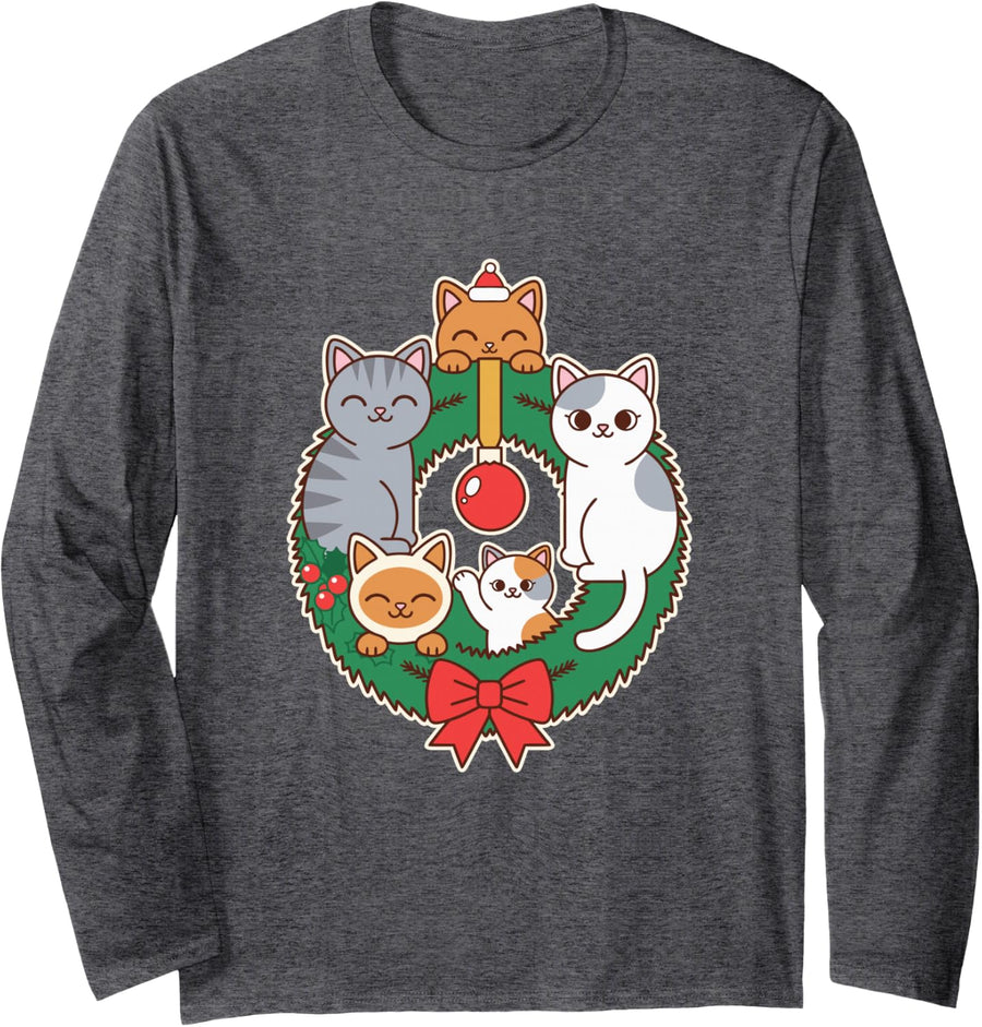 Cat Christmas Wreath Cute Kitties Red Bow Ornament Holiday Long Sleeve T-Shirt - Adult Unisex Dark Heather Grey